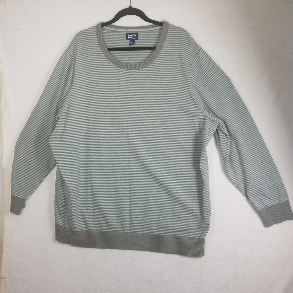 Lands End Mens‎ 3XL Tall Sage Green Striped Cotton Nylon Crewneck Sweater 54-56